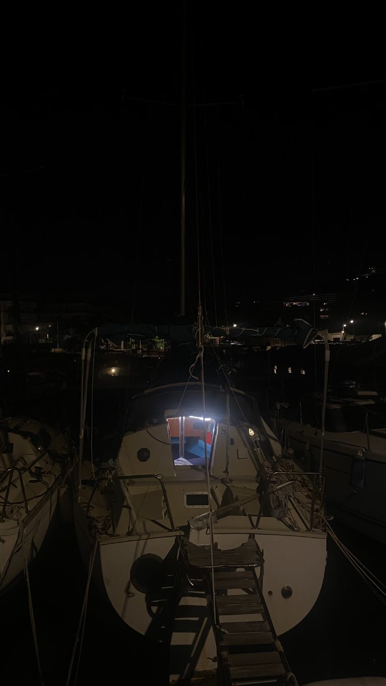 One night on the water, on purpose. The old port, Cannes, one in the morning.