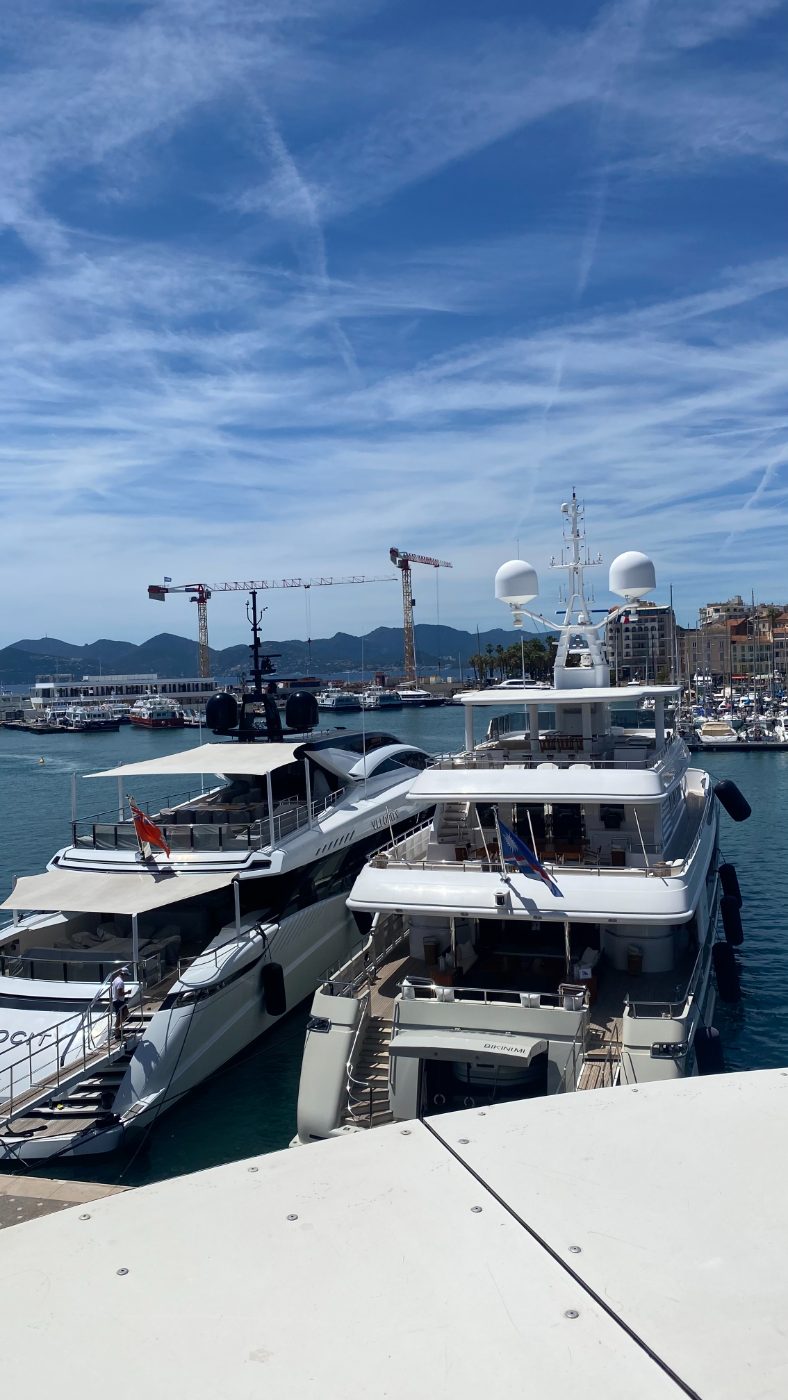 Lunch under the dome with Siemens Energy; the port with its cranes and its yachts. Two economies, one bay.
