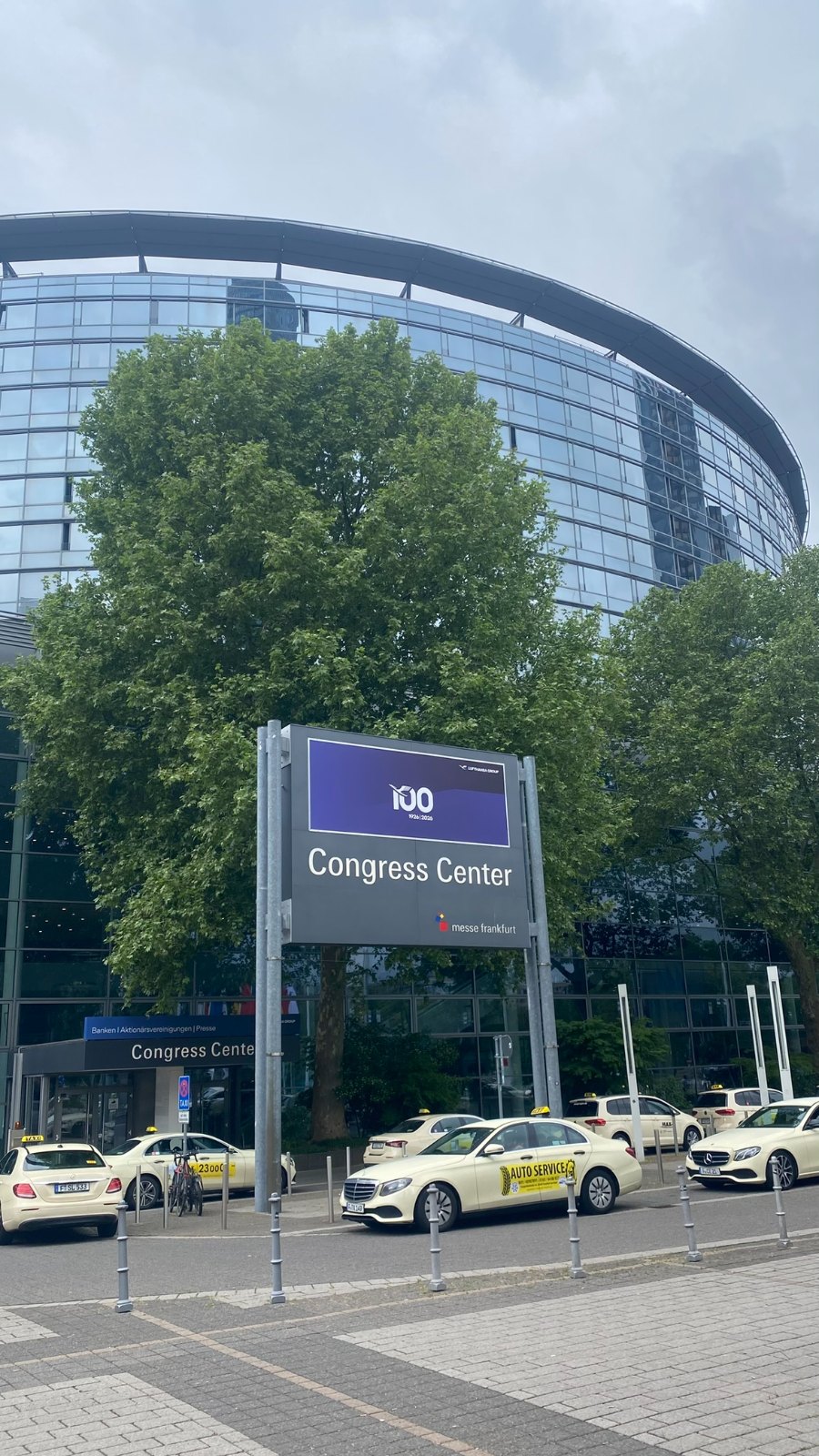 Messe Frankfurt, Congress Center. Lufthansa is celebrating a hundred years on the sign; the industry inside is celebrating about fifteen.