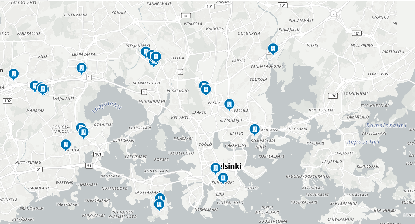 The Helsinki region. Every pin is a data centre site. The work is spread across the map, and the crew goes where the work is.